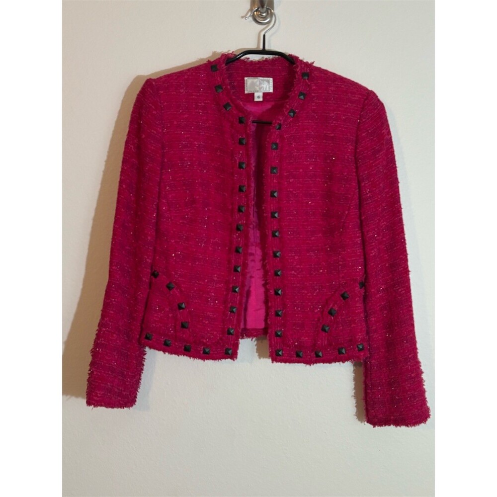Alberto Makali Jacket Womens Size 6 Pink Tweed Open Front Stud Trim